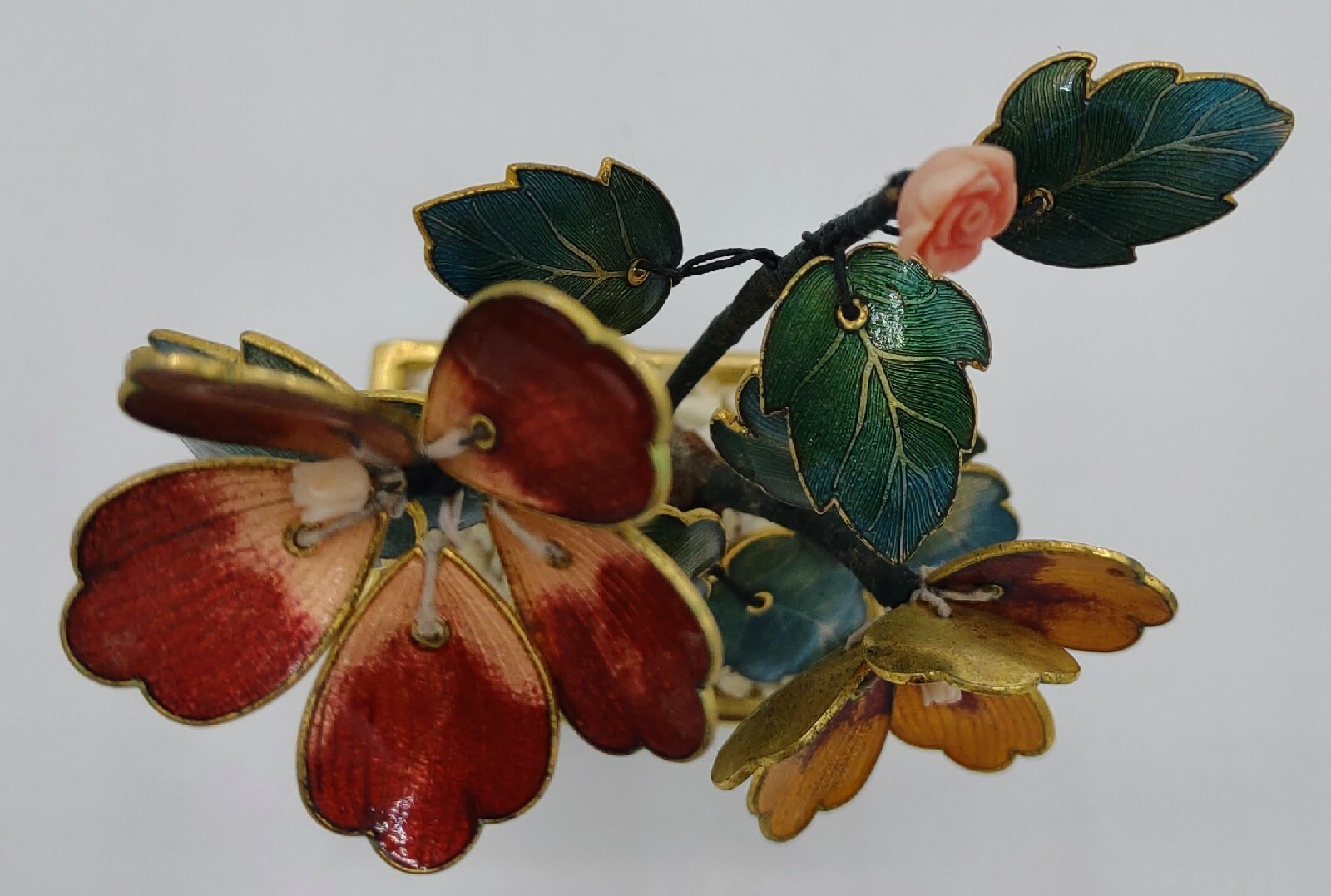 Vtg Oriental Guilloche Enamel Bonsai Tree Pink Coral Flowers Cloisonne Pot