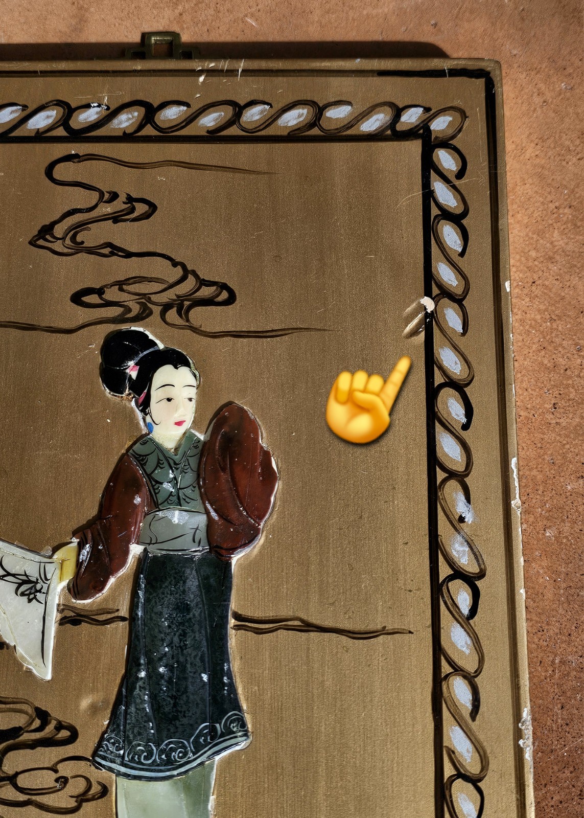 3 Painted Wood ASIAN ART PANELS Inlaid Stone 3D Geisha Figures Chinese VTG Decor
