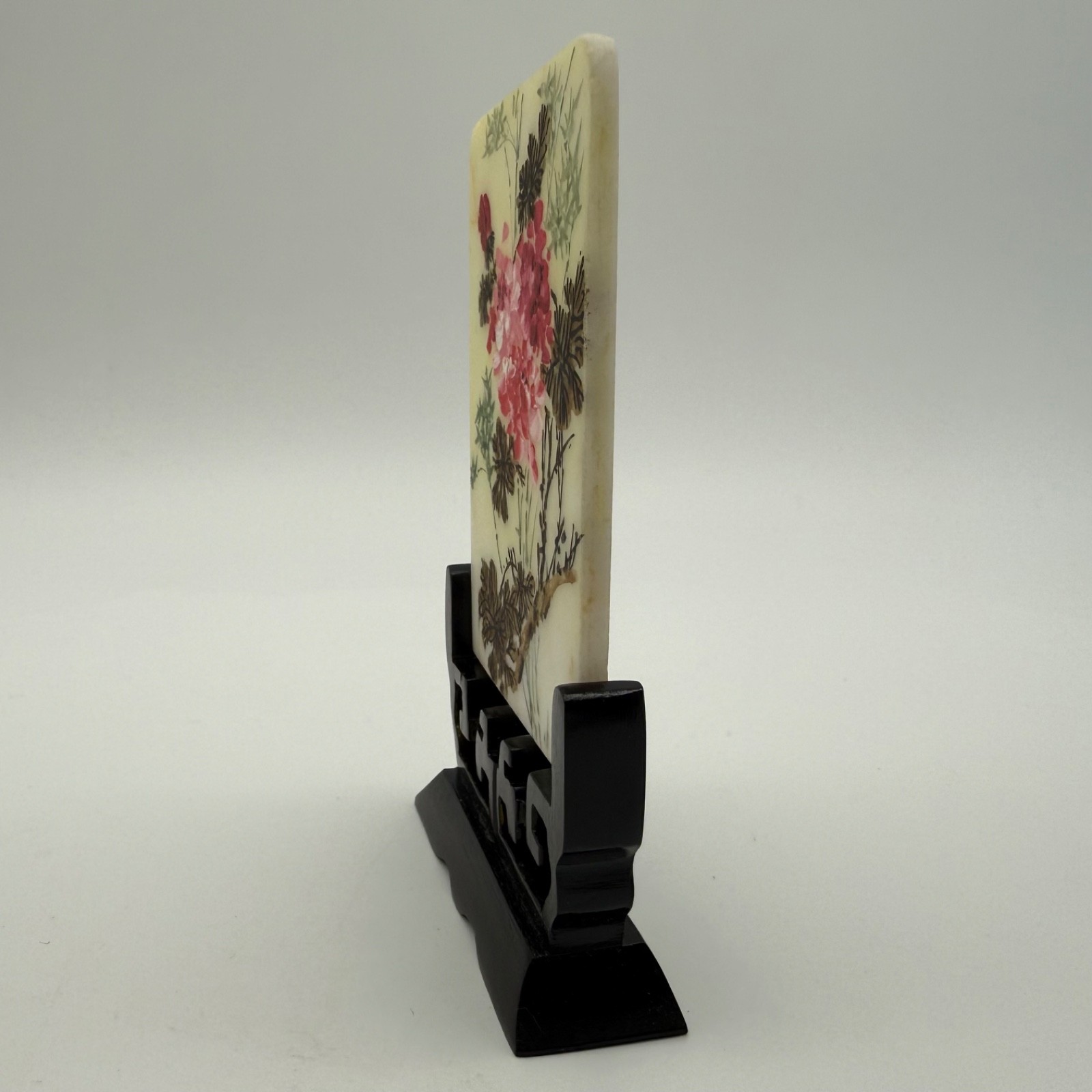 Vintage Chinese Hand Painted Marble Plaque Pink Blossoms Bamboo Wood Stand