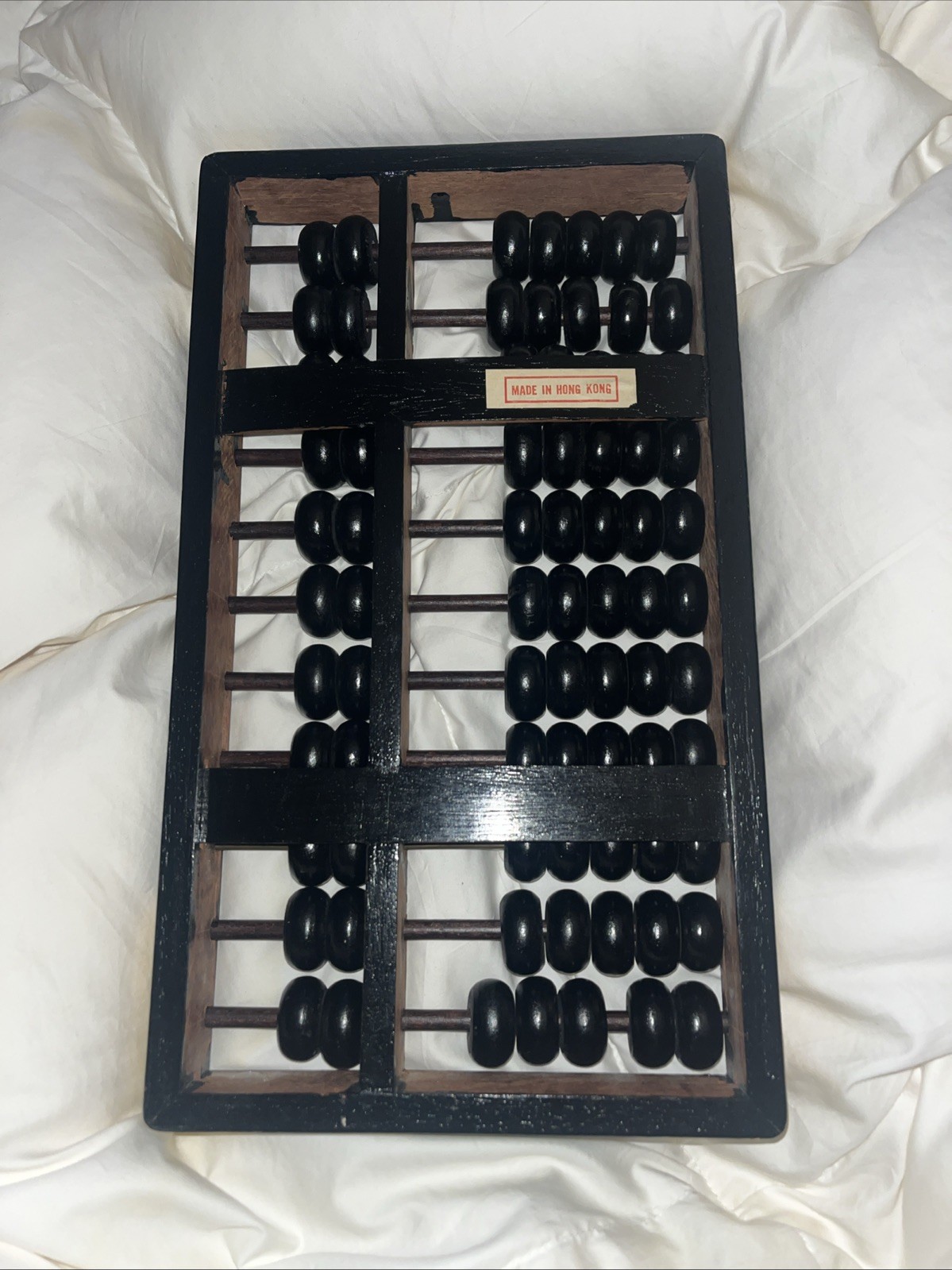 Vintage Abacus -11 RODS 77 BEADS Wood Black Painted Brass Accents Hong Kong