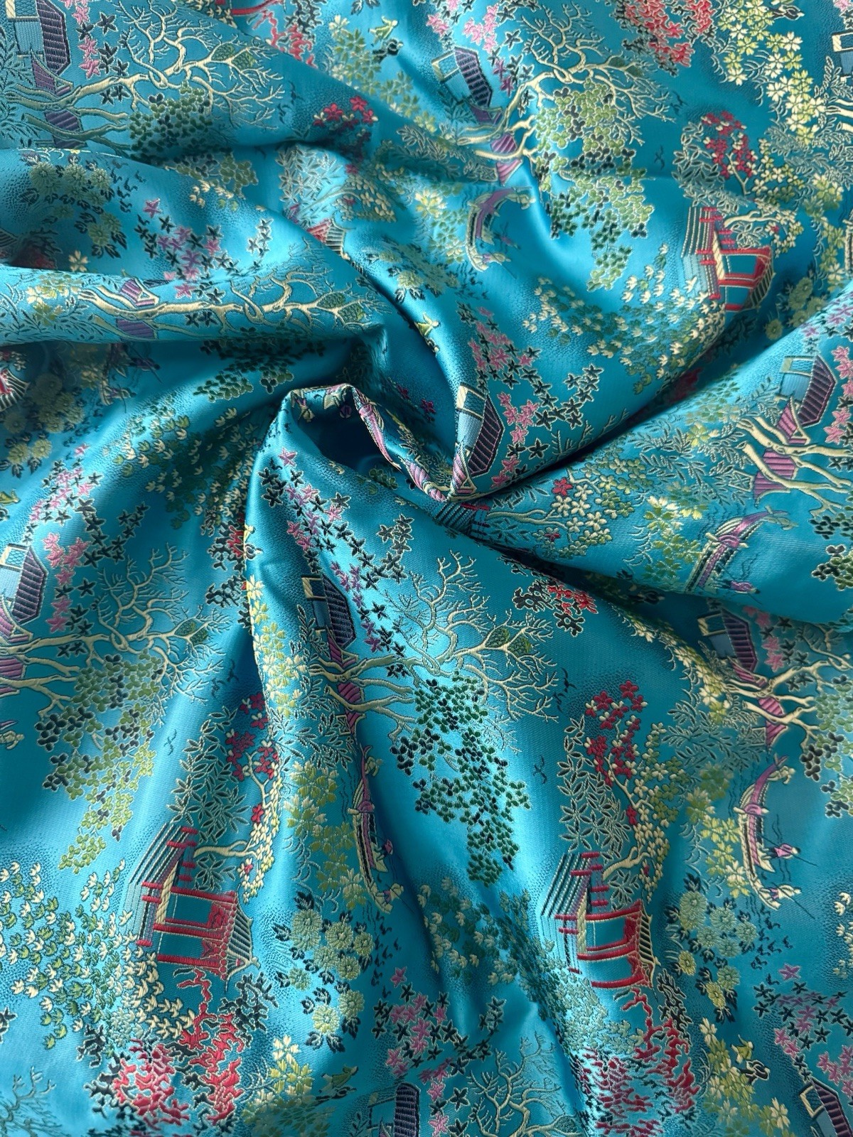Vintage Chinese Blue Brocade Fabric Textile 4Yds X 36″ Wide Pagoda Flowers Boat