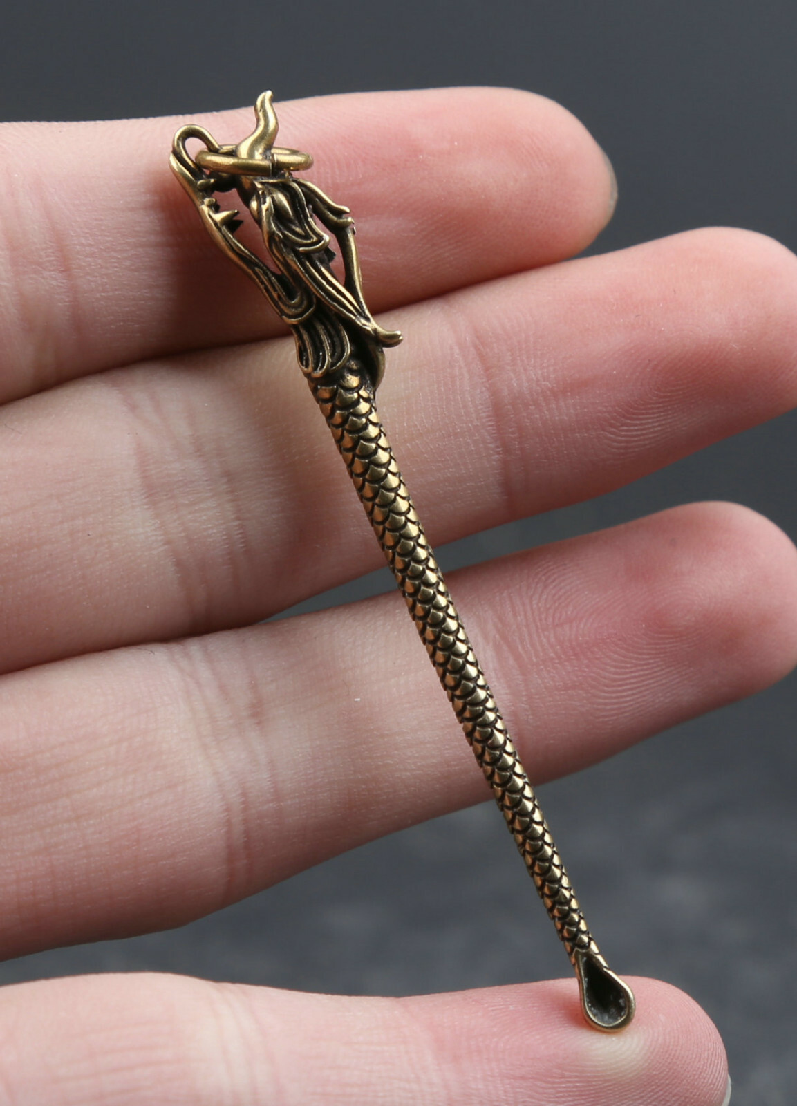 67MM Collection Chinese Bronze Auspicious Dragon Long Small Earpick Pendant 挖耳勺