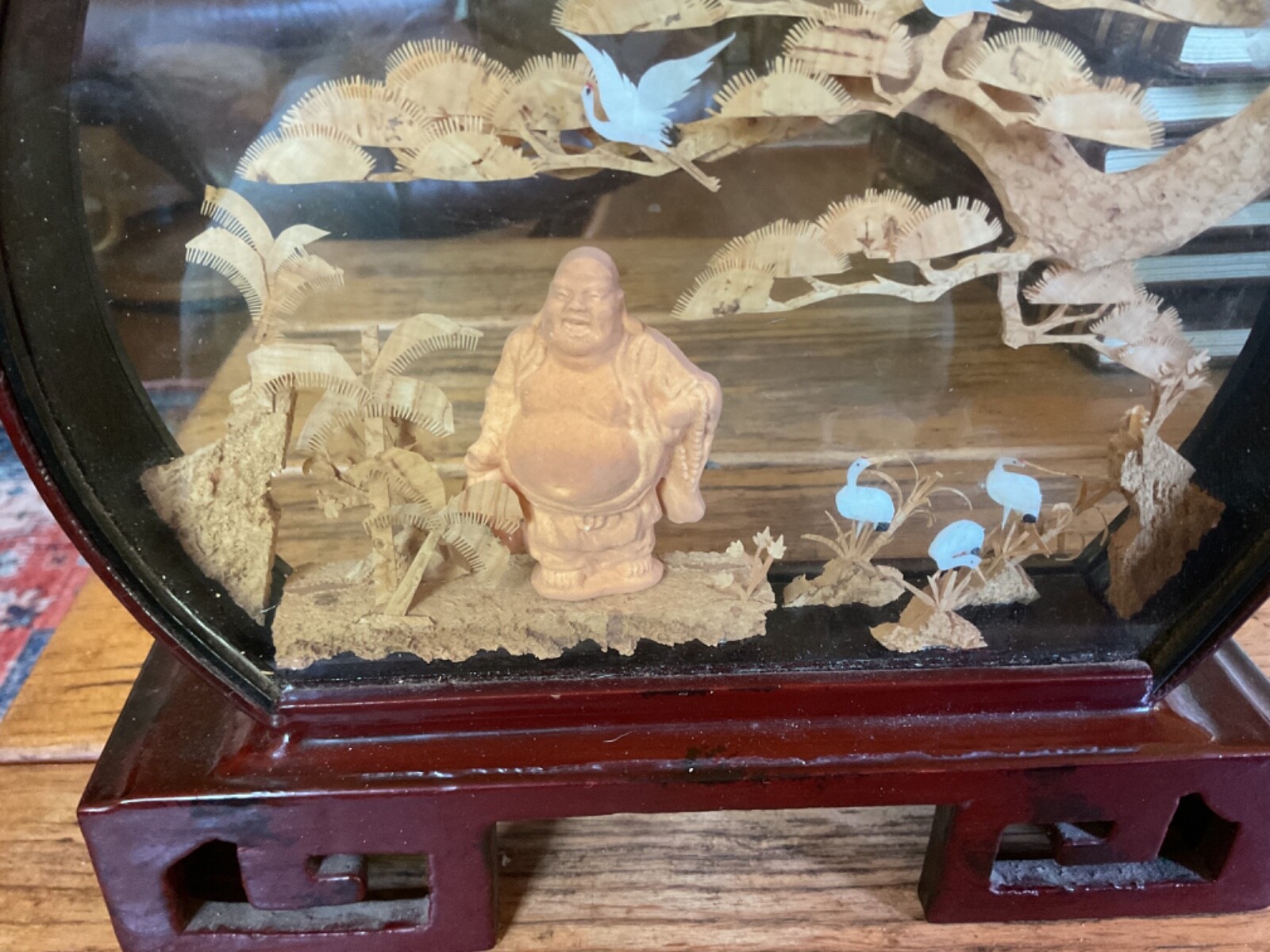 Large Hand Carved Cork Wood Diorama Asian Crane Pagoda Trees Vtg Art Glass Case