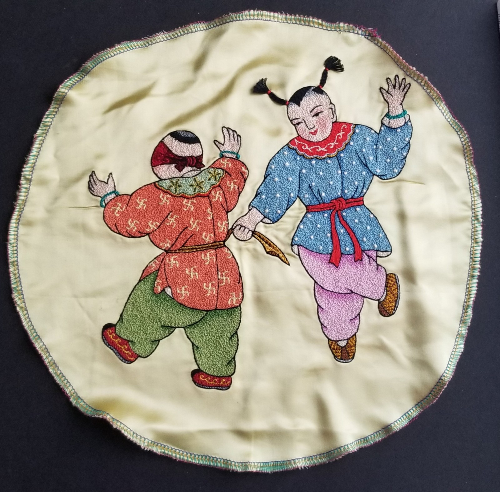 2 Of Chinese Brocade Embroidery Artwork:auspicious kids On Silk 11″ Dia.