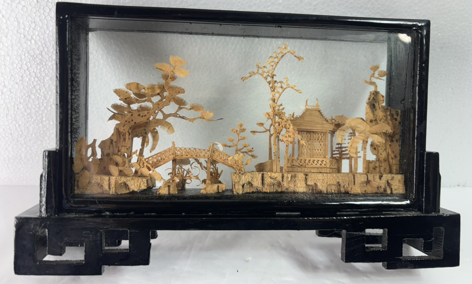 Vintage Hand-Carved Chinese Cork & Wood Diorama Encased In Glass & Wood Stand
