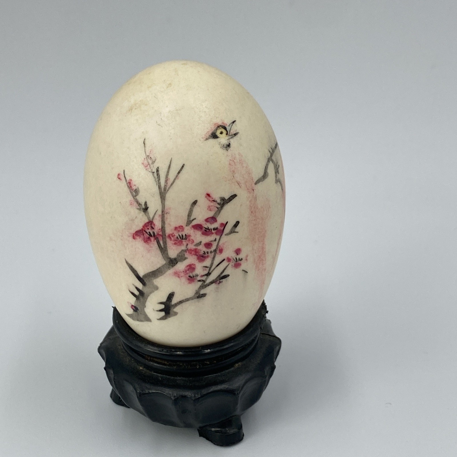 Vintage Chinese Hollow Hand Painted Egg With Stand. Floral, Birds, Butterfly.