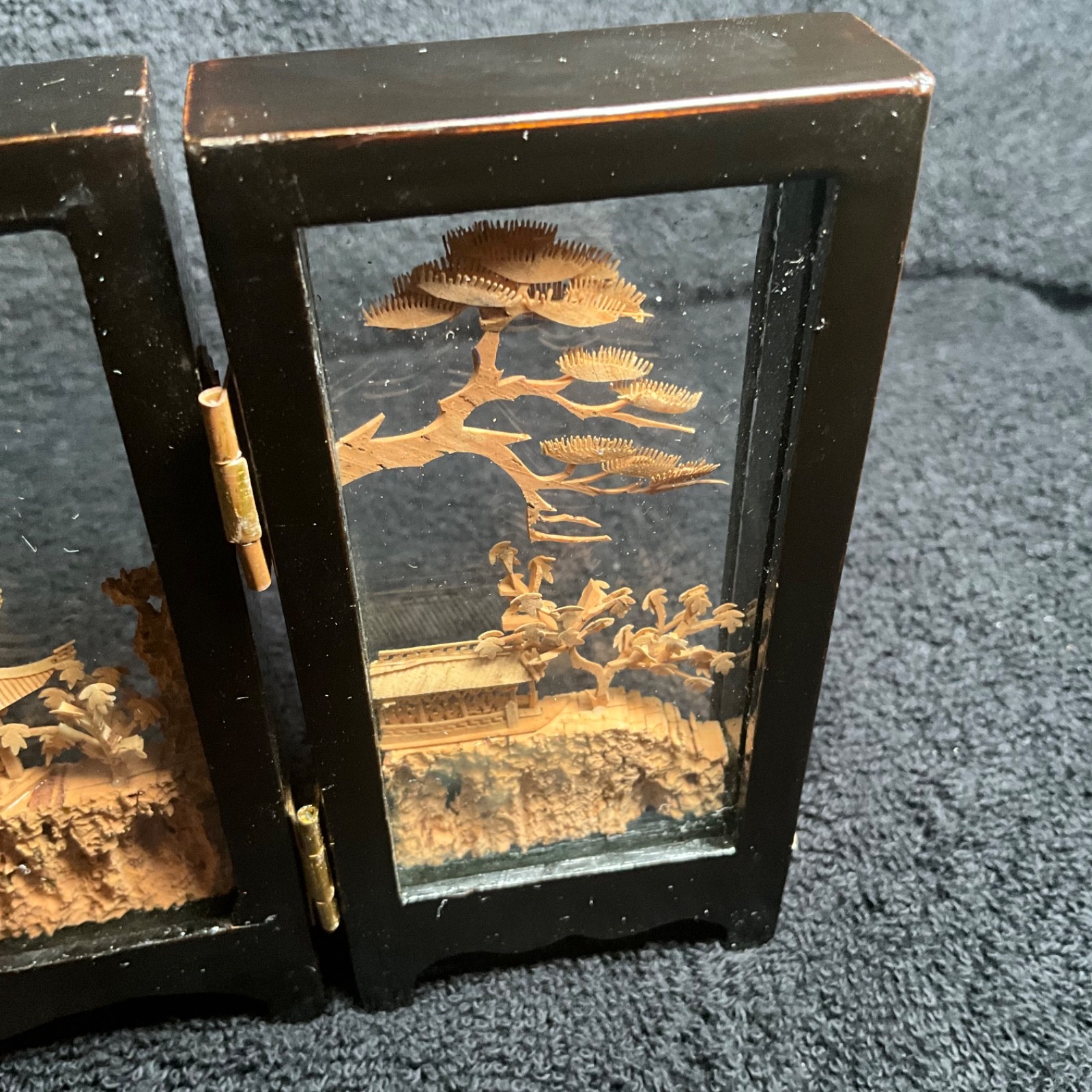 2x-VTG SAN YOU Tri-Fold Oriental Hand Carved Cork Pagoda Diorama w Cranes