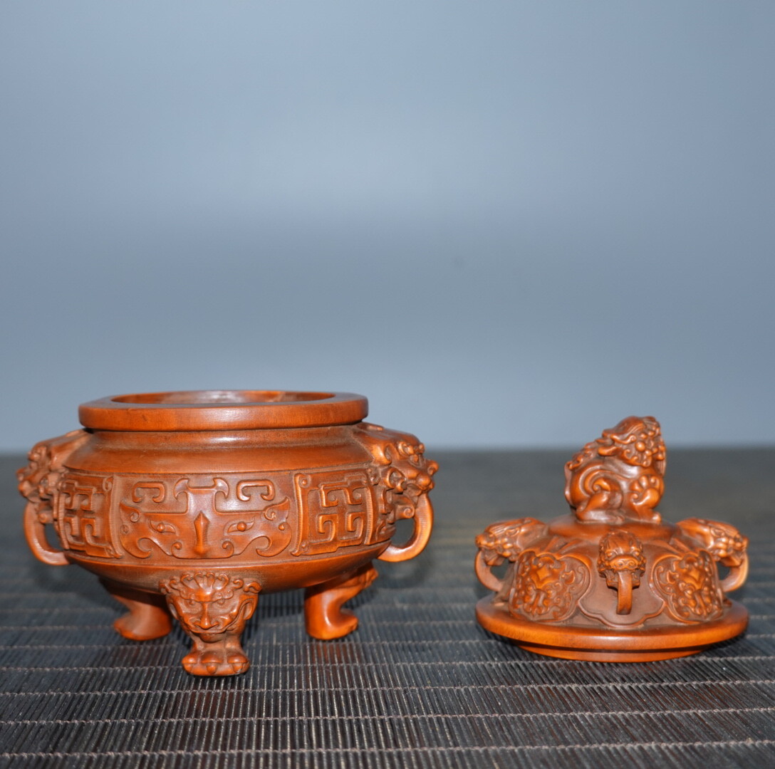 4″ Collect China Box-wood Carving Animal Foo Fu Dog Guardion Lion Incense Burner
