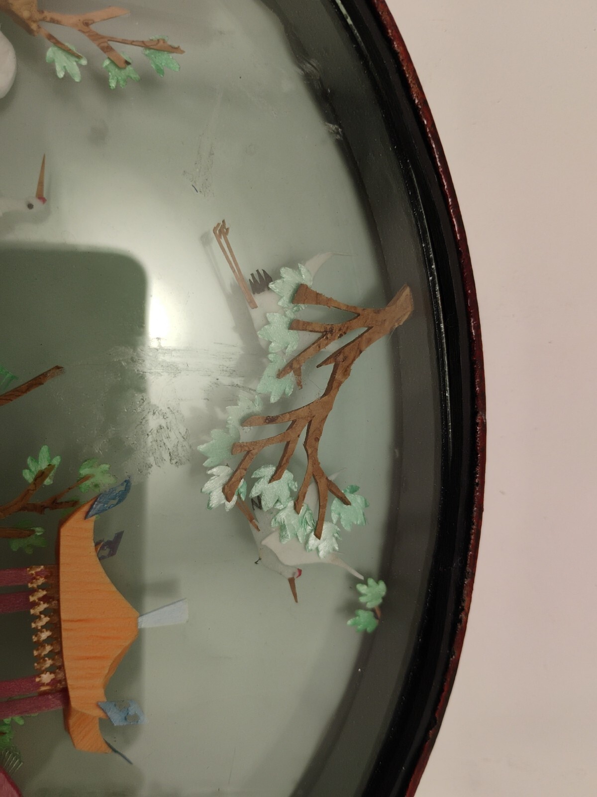 Vintage Chinese Cork Art HAND MADE Oval Lacquered Wood Glass 14×2″ Beautiful