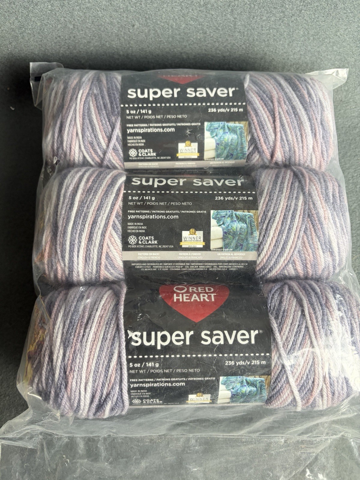 Red Heart Super Save Mulberry Mix Purple Lot Of 3 Skeins E300B 3972, 236 Yards
