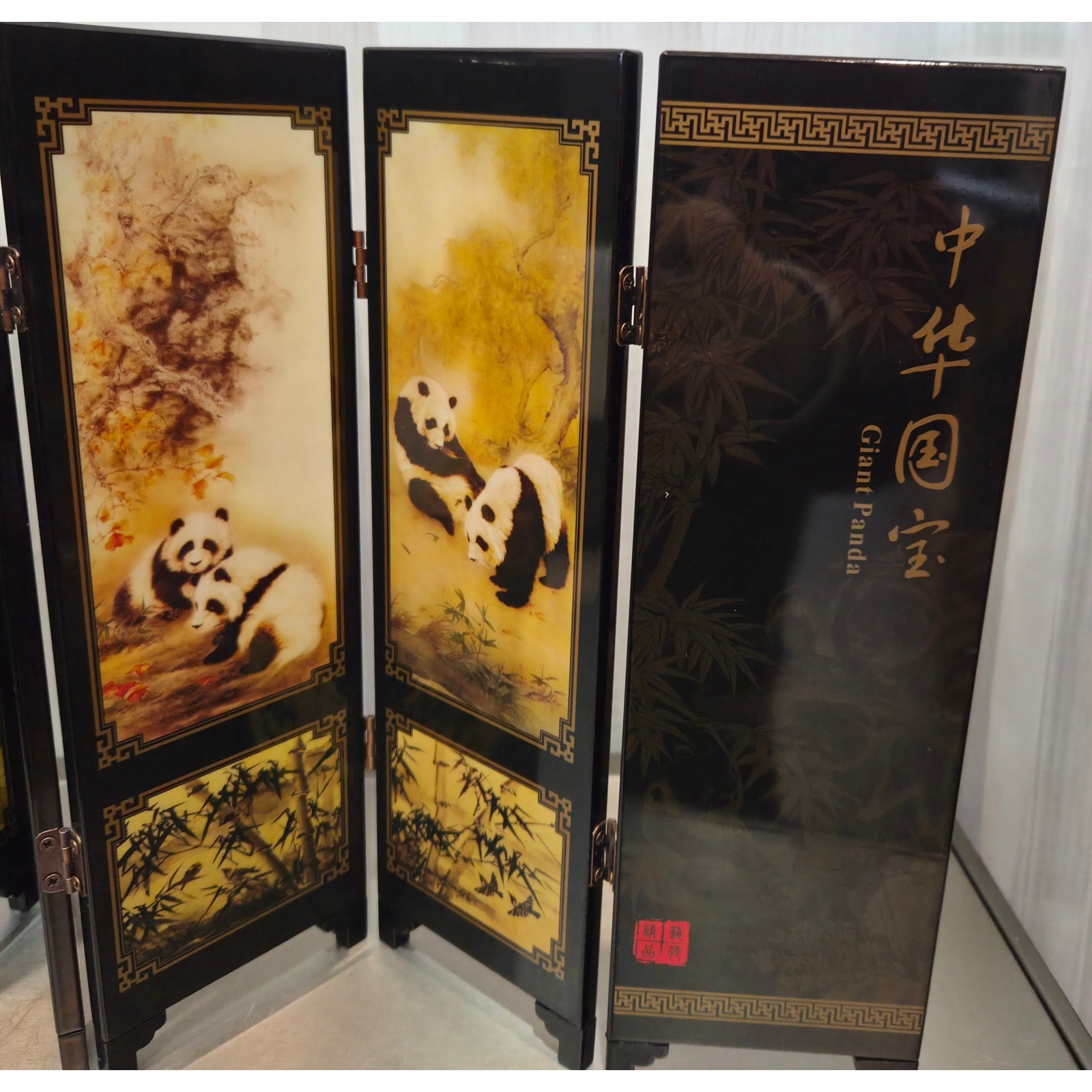 Vintage Chinese Lacquer 6 Panel Folding Mini Screen Panda Black Gold 9.5in x18.5