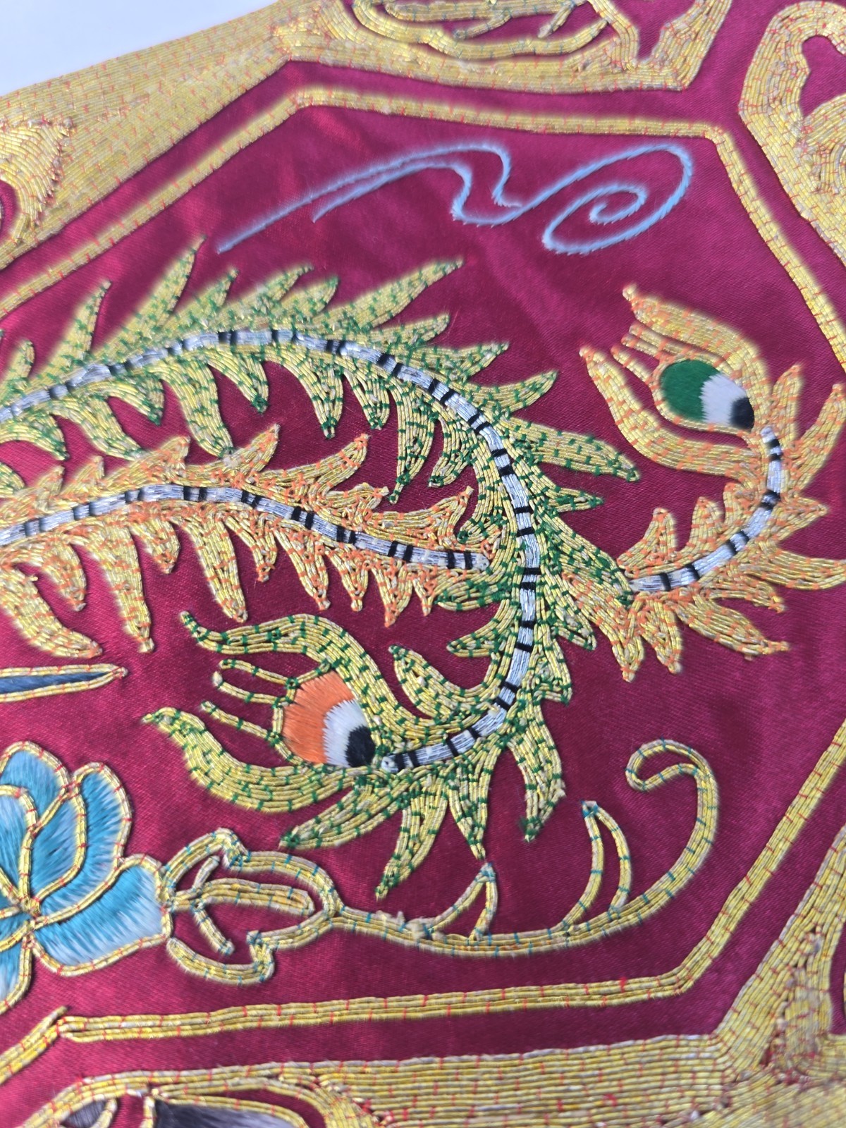 Vintage Chinese Phoenix Fenghuang Hand Embroidered Silk Rayon Panel 1980s