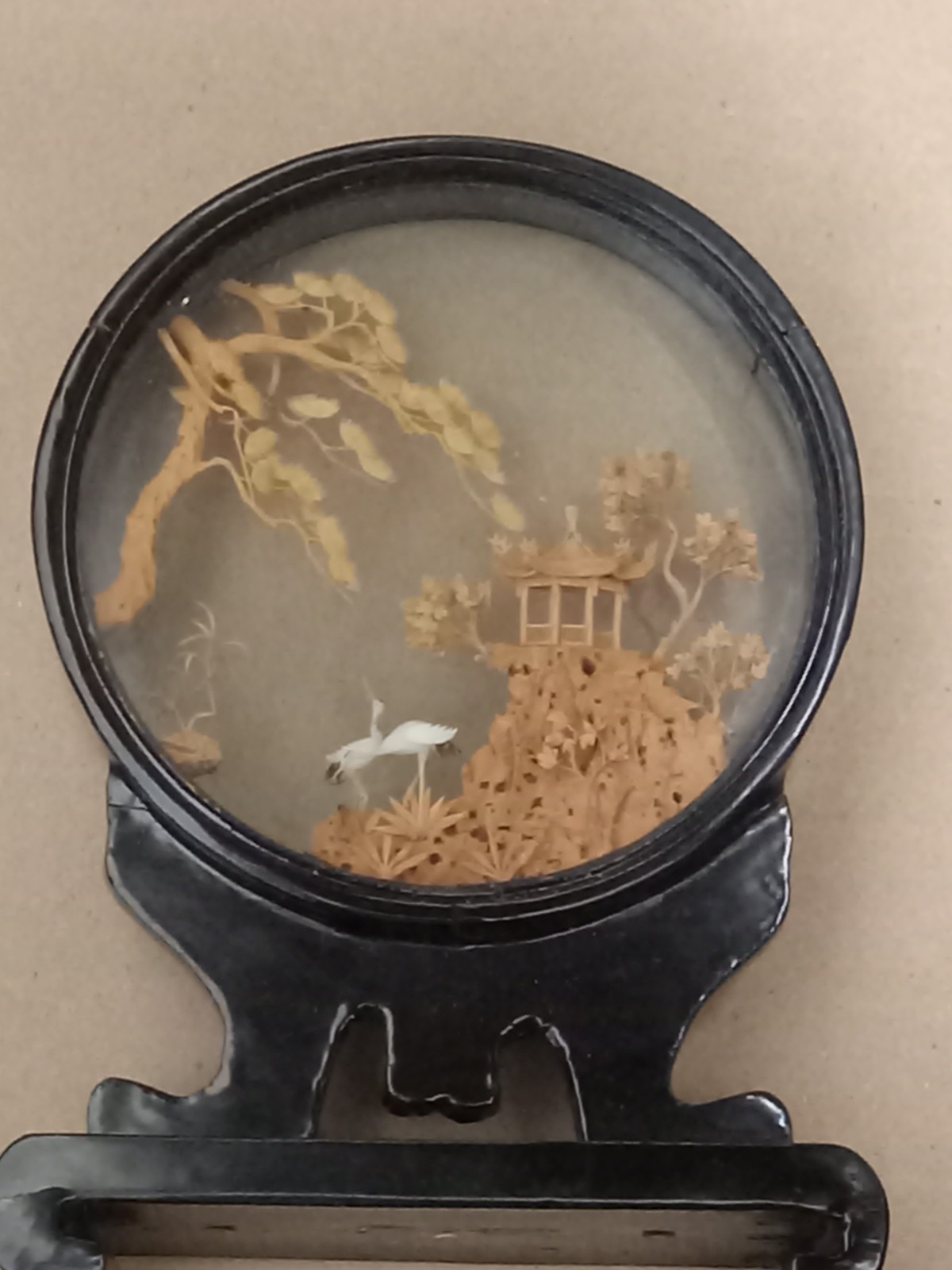 Vintage Chinese Diorama with Cranes Pagoda & Trees Carved Cork Black Lacquer 8″