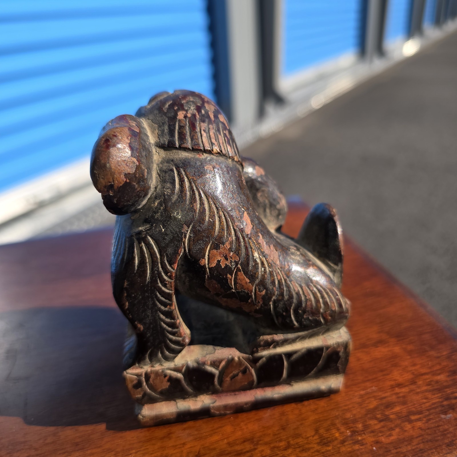 Pair of Vintage Chinese Carved Wood Foo Dogs Guardian Lions Statues Bookends 7″