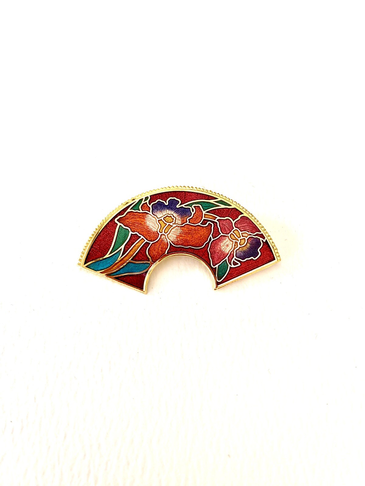 VTG Chinese Cloisonne Purple 2″ Floral Red Enamel Fan Shape Brass Gold Border