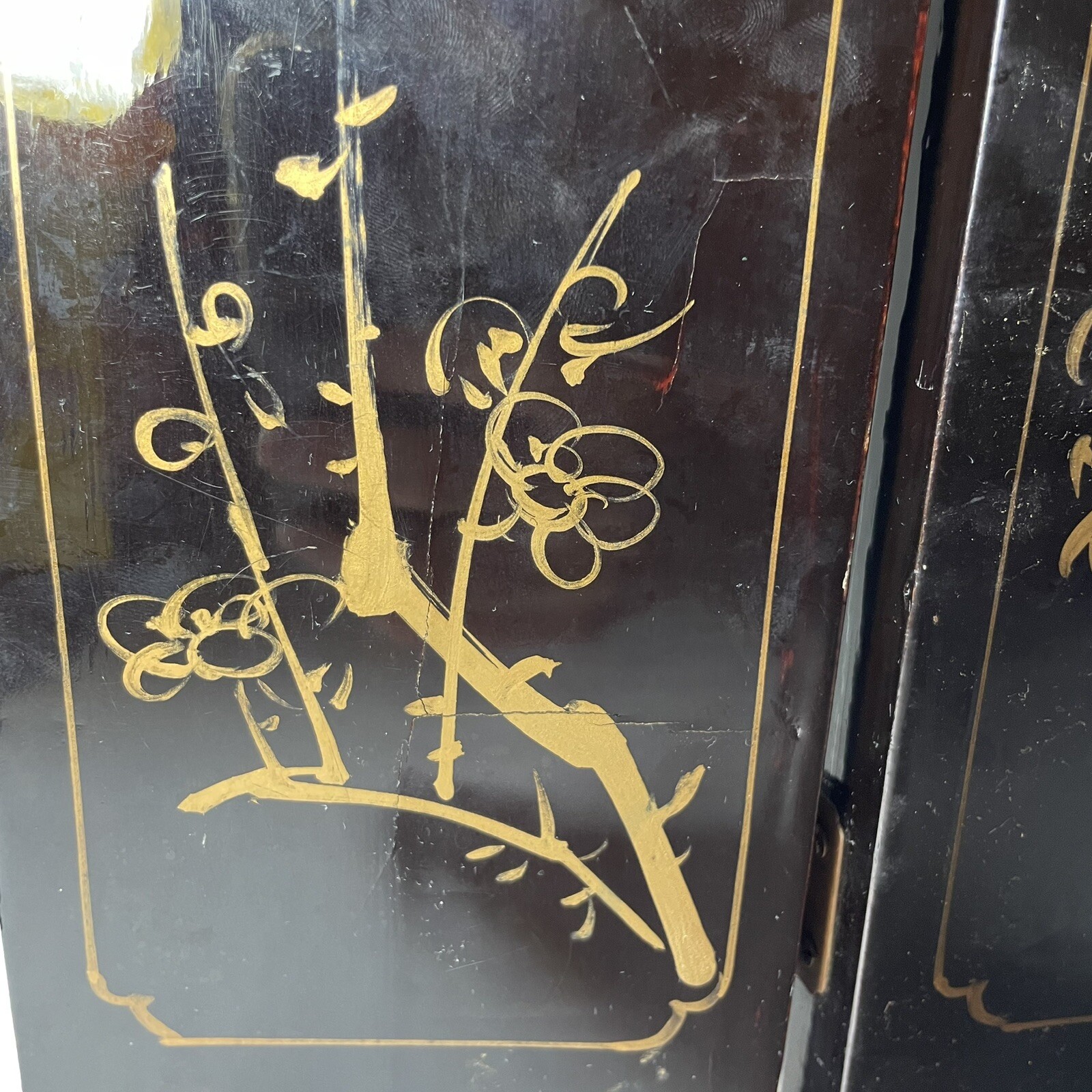 Vintage Oriental Black Lacquer Mother Of Pearl Geisha 4 Panel Screen 18”x14” SEE
