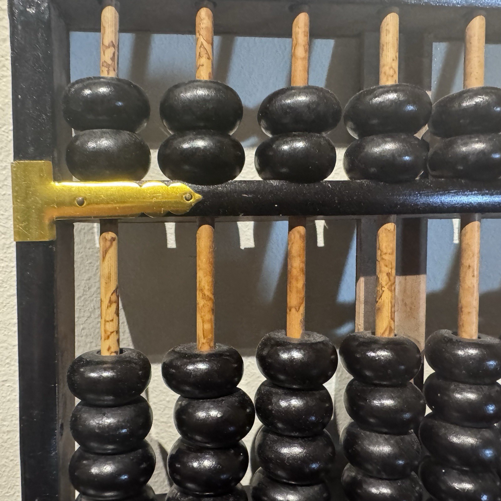 Vintage Abacus Brass & Natural Wood 13 Rows 91 Beads 14.5in Black