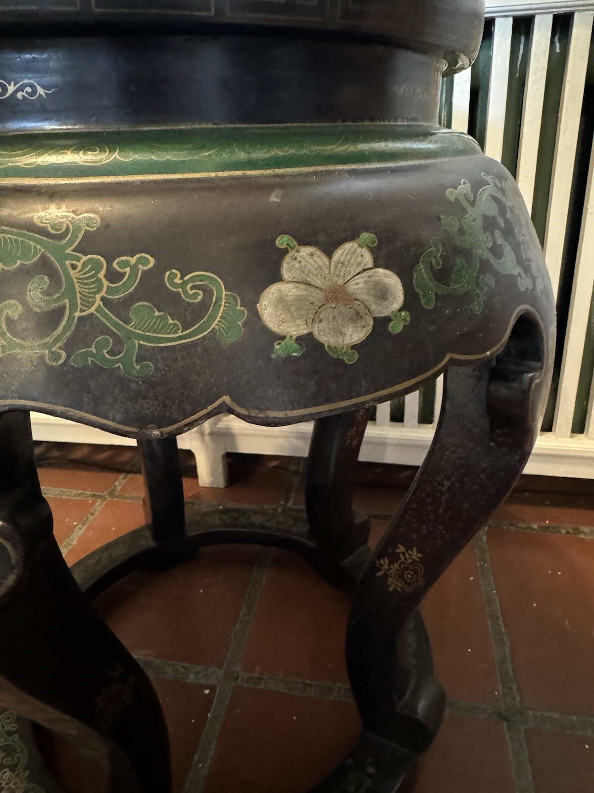 Antique Chinese Cloisonne Top Round Jardiniere Stand Two Fish Motif