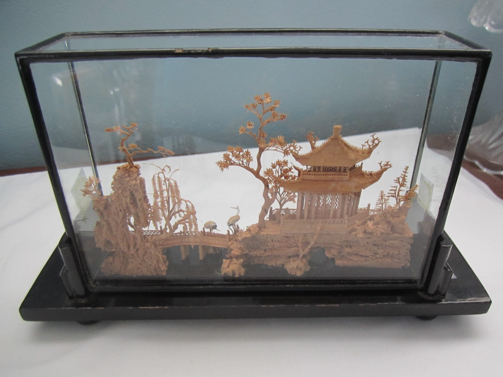 Vintage Hand-Carved Chinese Cork & Wood Diorama Encased In Glass & Wood Stand