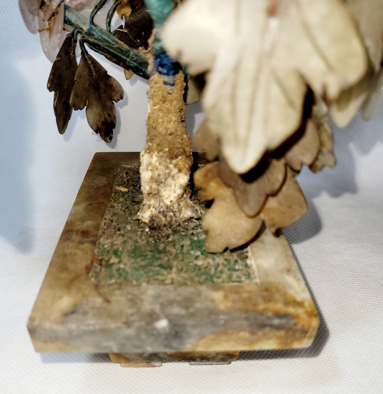 Vintage Chinese Jade/Rose Quartz/Carnelian Bonsai Tree With Brown Marble Base