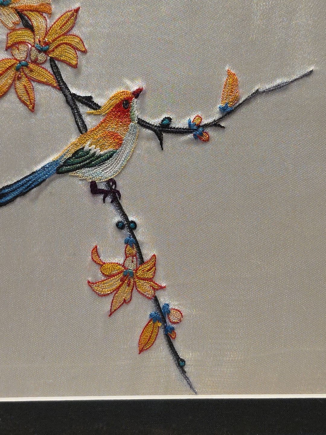 VTG Asian Chinese Silk Embroided Bird on Blossom Branch Framed Art 11.5″x 14.5″