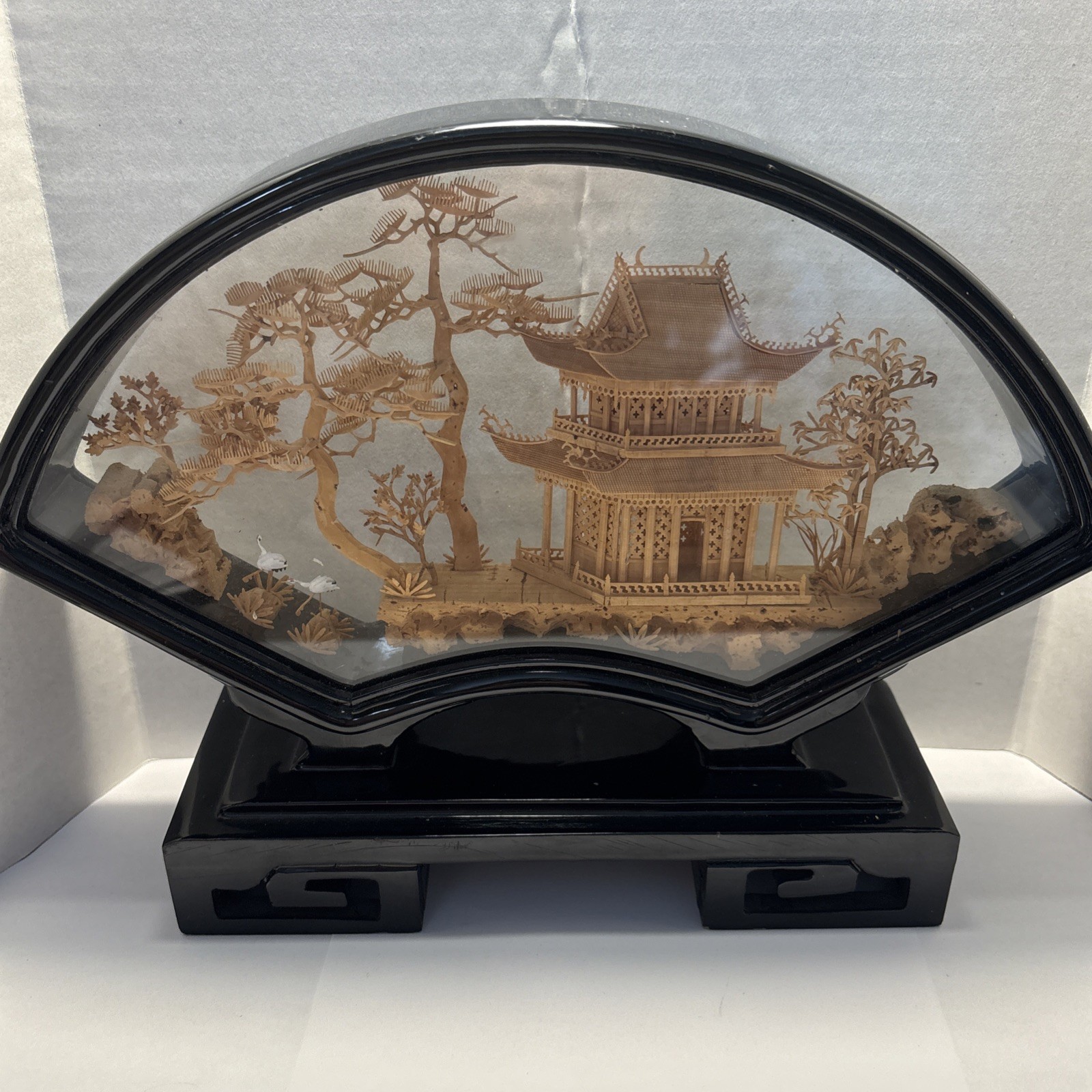 Vintage Chinese San Yo Diorama With Hand Carved Cork Pagoda Trees And Cranes
