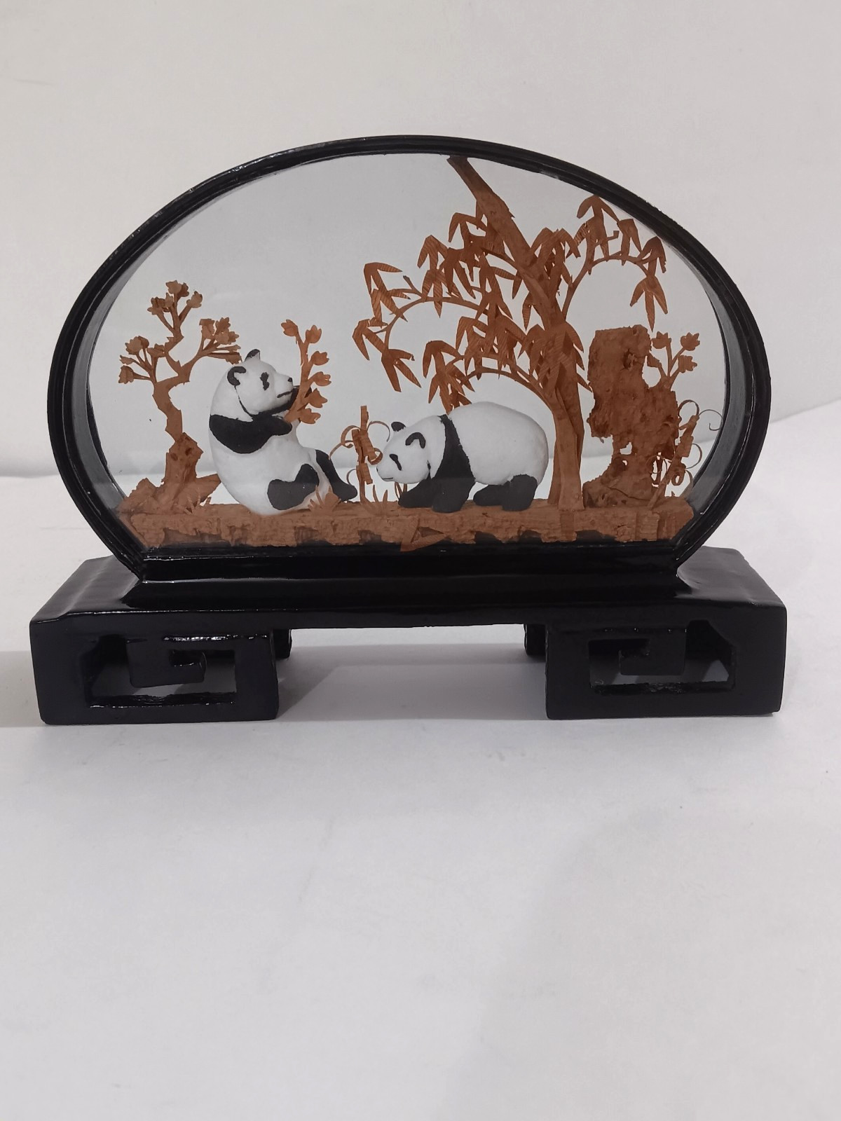 Chinese Panda Diorama, Vintage Cork Art, Wood Shadowbox Art# 320