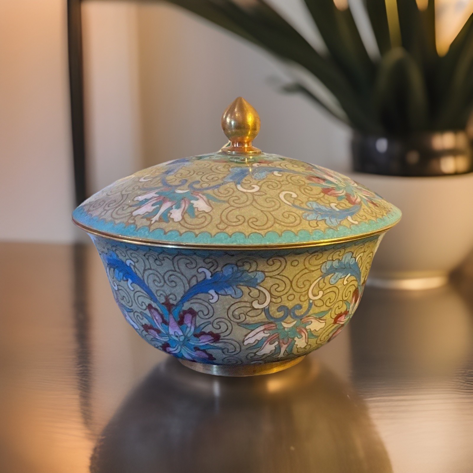 Vintage Made In The People Republic Of China Lidded Cloisonné 4.5 Tall 5 Wide