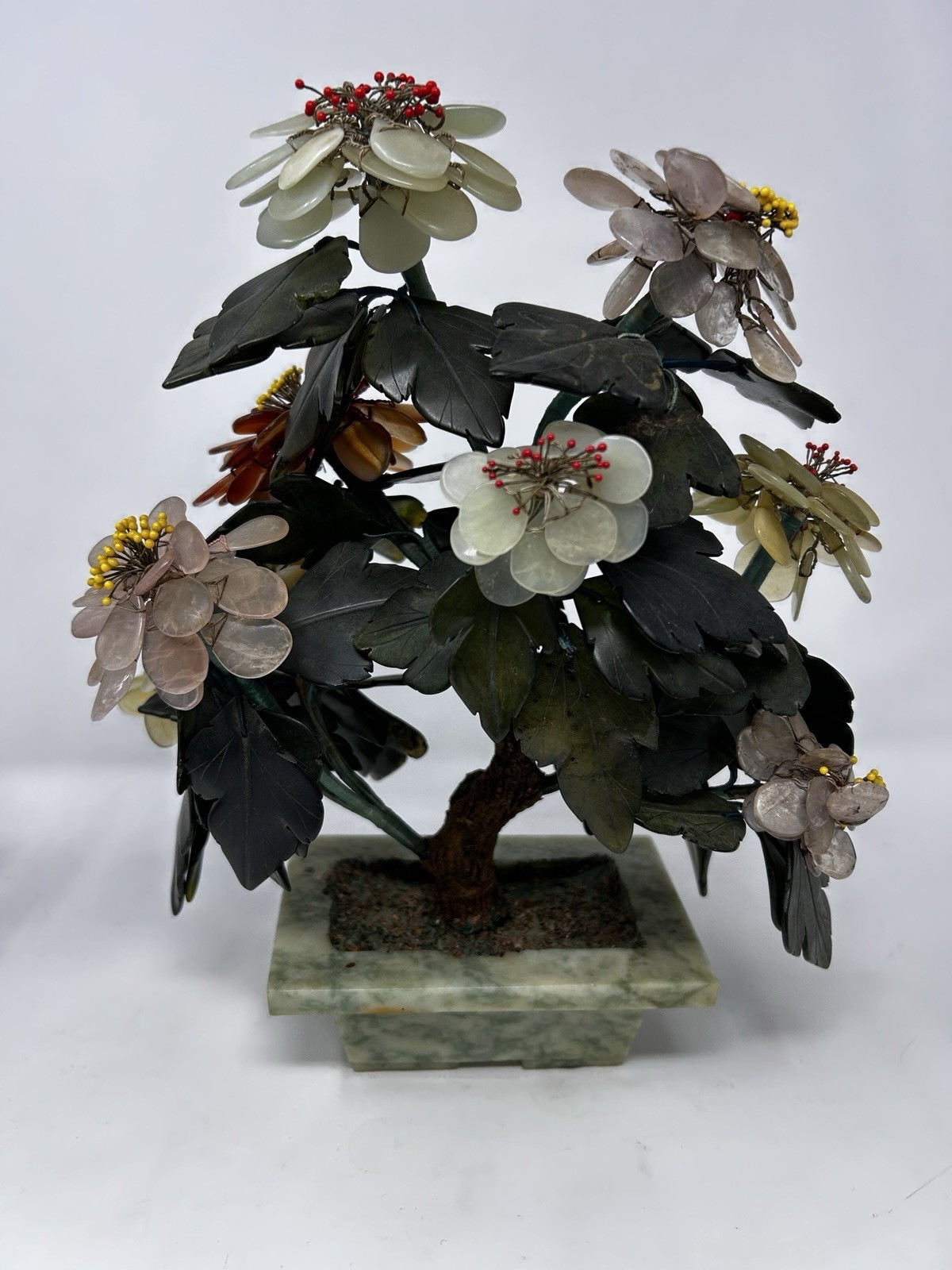 Vintage Chinese Jade Glass Bonsai Tree Lot of 7 Pink Quartz Flowers Pots⁠