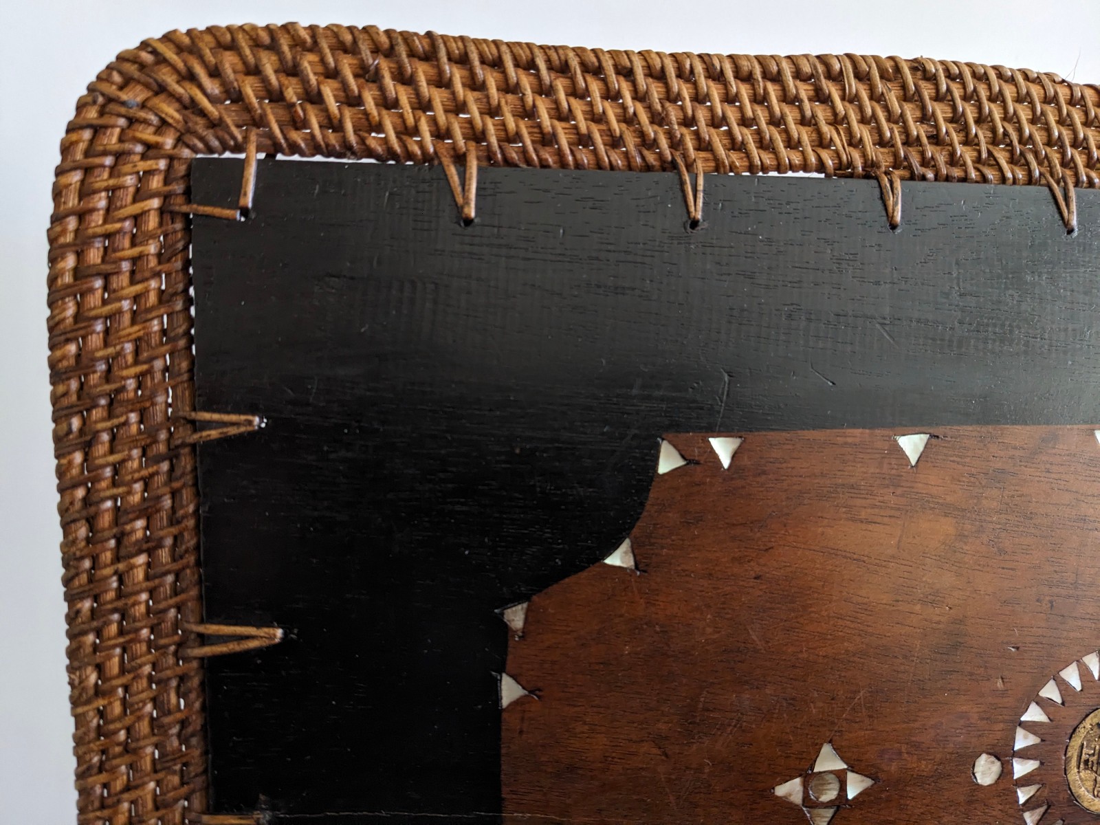 Vintage Mid Century Rattan Wood Placemats Shell Inlay Chinese Coin Boho Set of 8