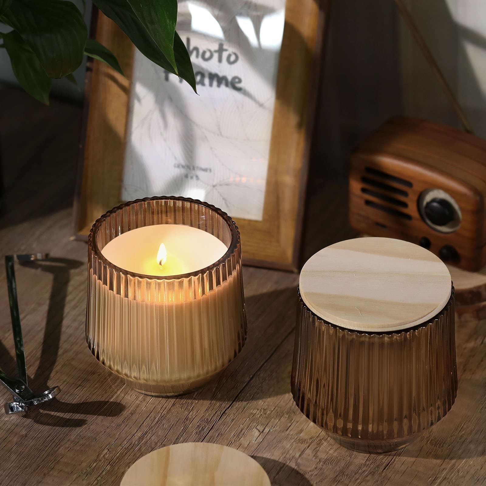 13 OZ Candle Making Kit – 6 Pack Amber Ribbed Glass Jars With Bamboo Lids and…