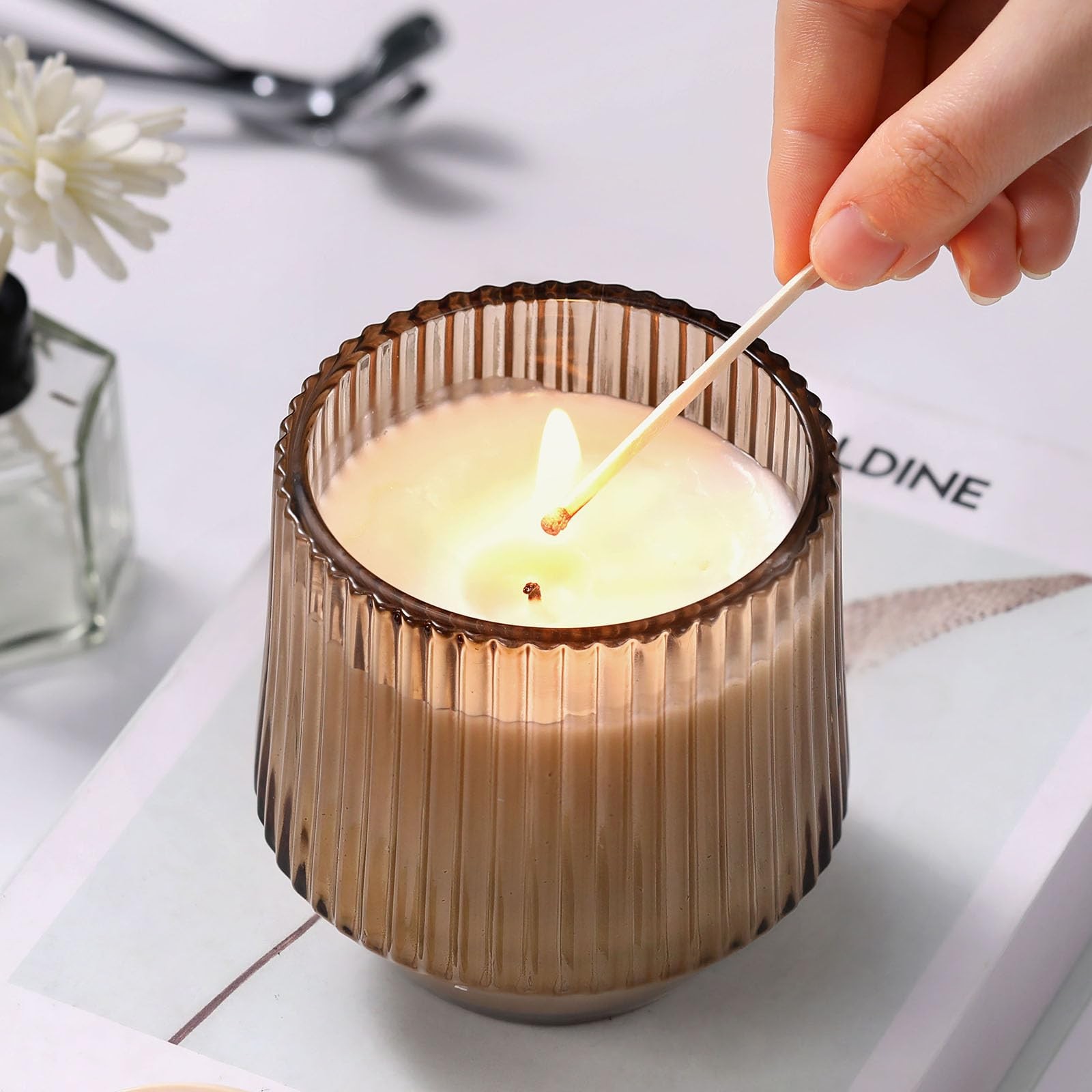13 OZ Candle Making Kit – 6 Pack Amber Ribbed Glass Jars With Bamboo Lids and…