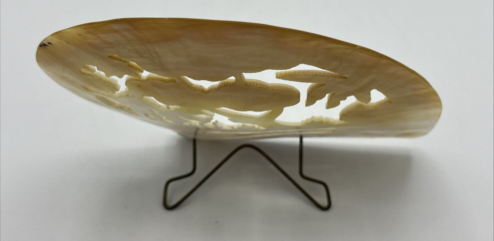 Carved Mother of Pearl Shell Asian Scene with Stand 6″ Tall