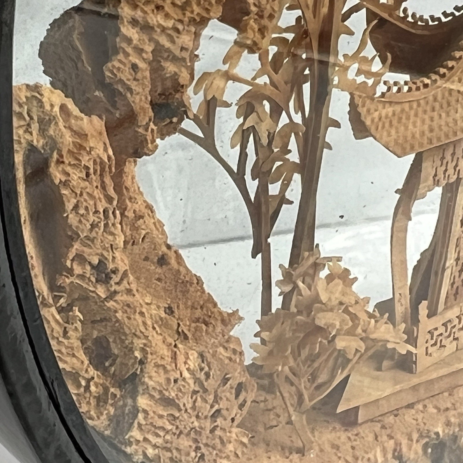 Vtg San Diorama Cork HandCarved W/ Pagoda Trees & Cranes In Glass Case 6X7”
