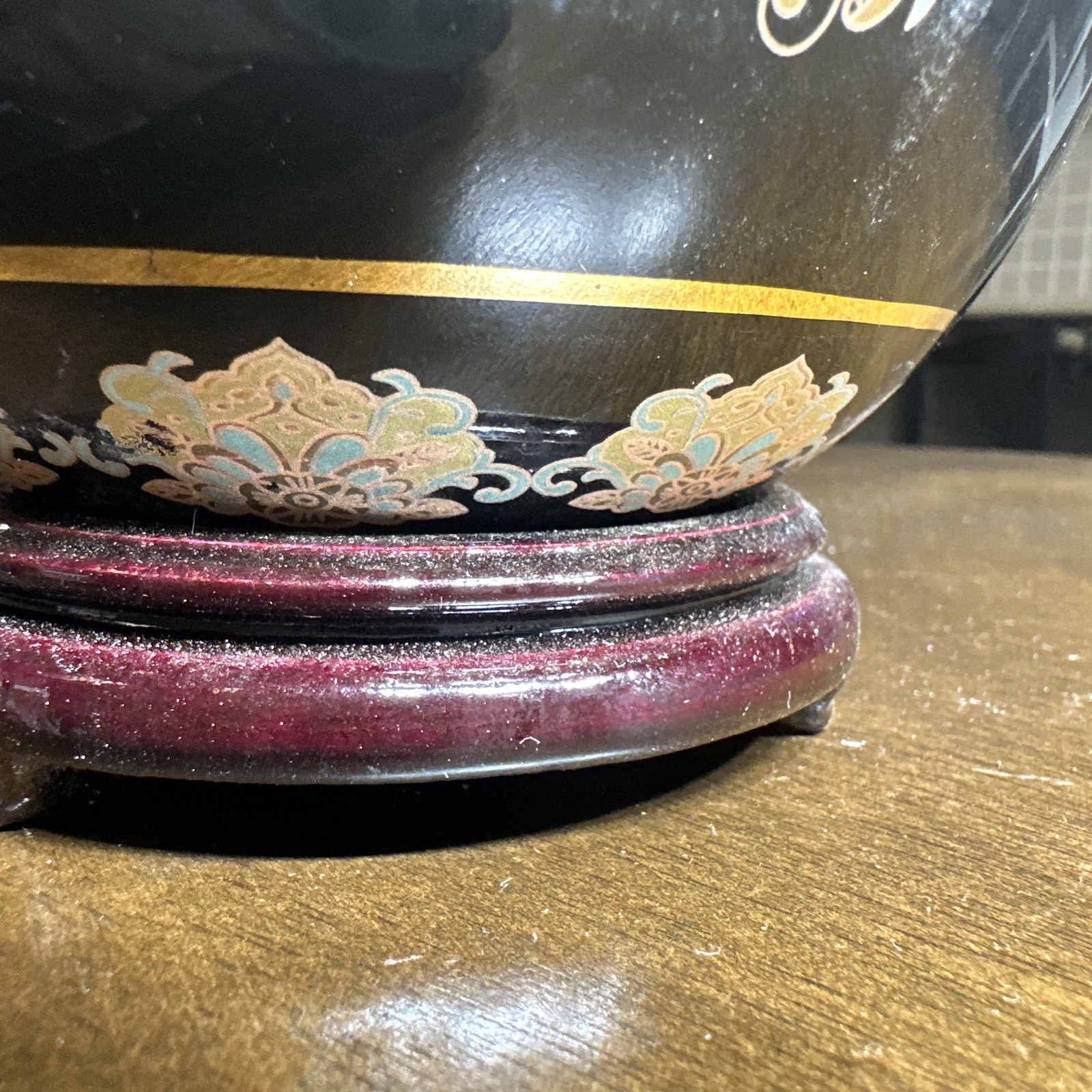 Vintage Large Satsuma Chinese Porcelain Egg Black Gold Moriage Bird Floral 9.5″