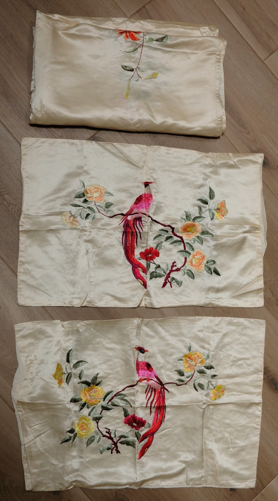 Vintage Chinese Embroidered Silk Large Panel Bed Cover 78″x87″ – never used!