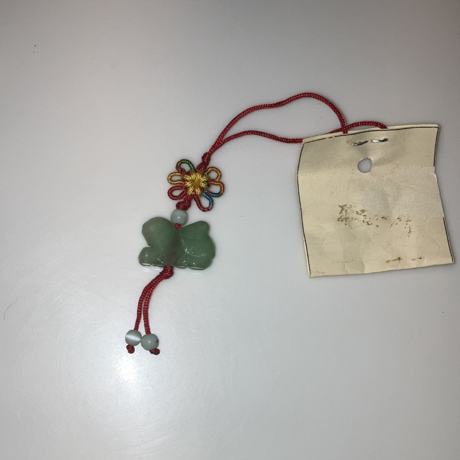 Vintage Chinese Jade Zodiac Rabbit Charm Red Cord Knot With Tag