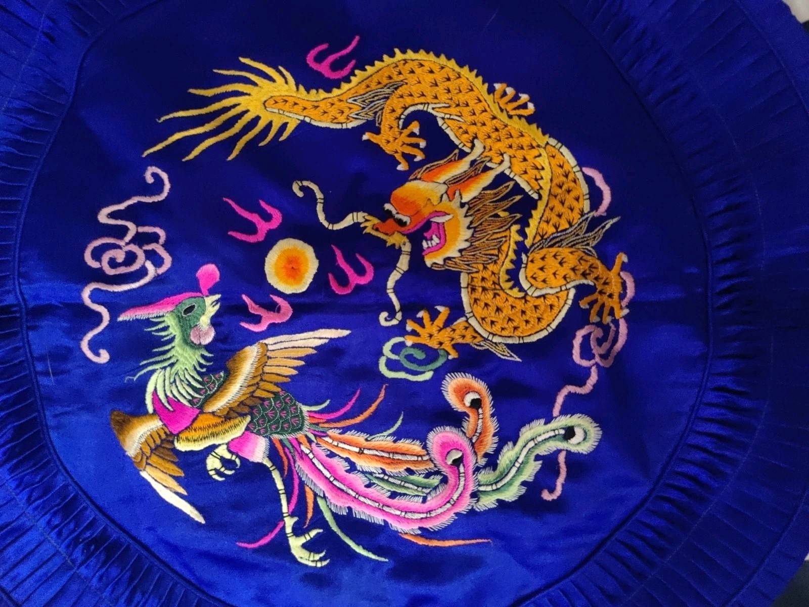 Golden Bee Vintage Chinese Silk Pillow Blue With Dragons & Phoenix 1980’s