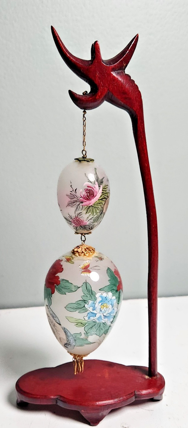 Vintage Chinese Reverse Hand Painted Glass Egg Hanging Wood Display