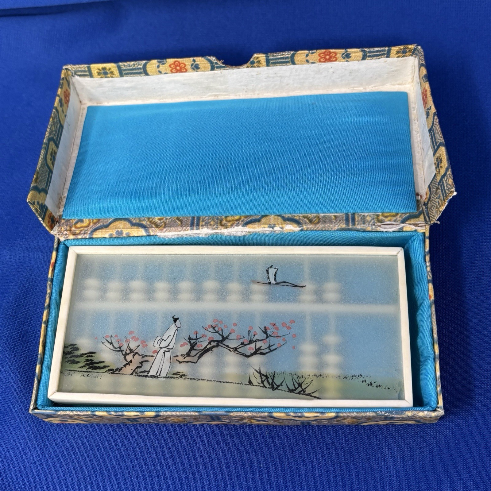 Small Vintage Chinese Suanpan Abacus Painted Glass Fabric Box PRC