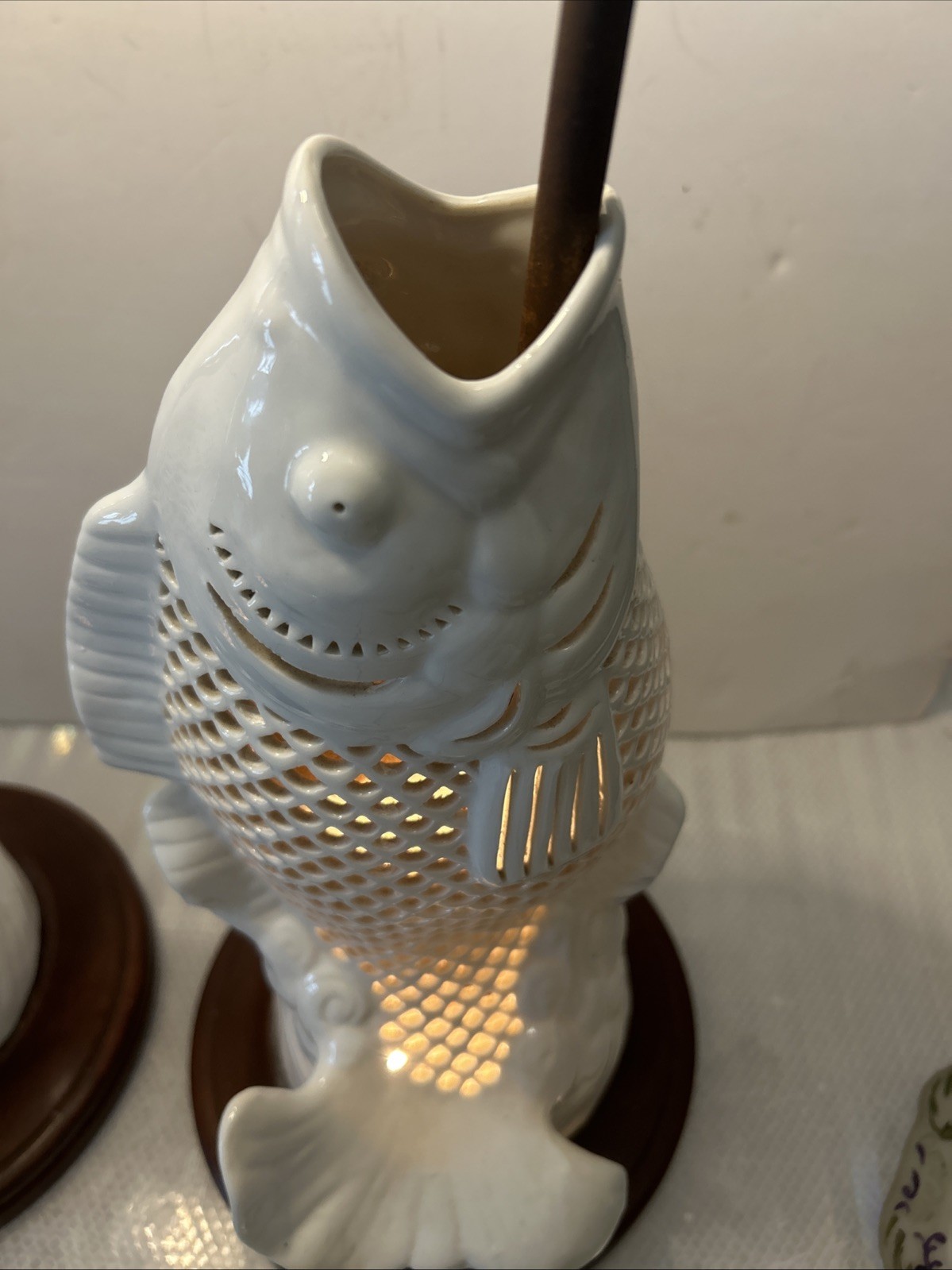 2 Reticulated Porcelain Lamps Blanc De Chine White Koi Carp Fish Japan Vintage
