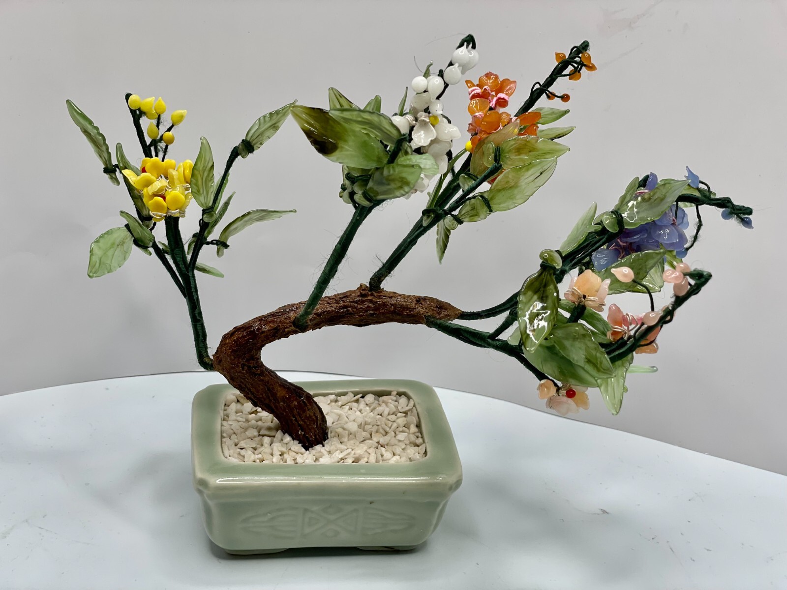 1960’s Hand Carved Chinese Jade Agate Stone Glass Bonsai Multicolor Mineral Tree