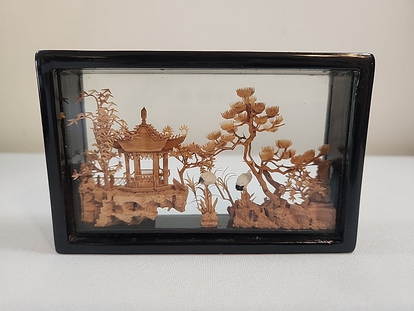 VTG Hand-Carved Chinese Cork & Wood Diorama Encased In Glass Pagoda Storks