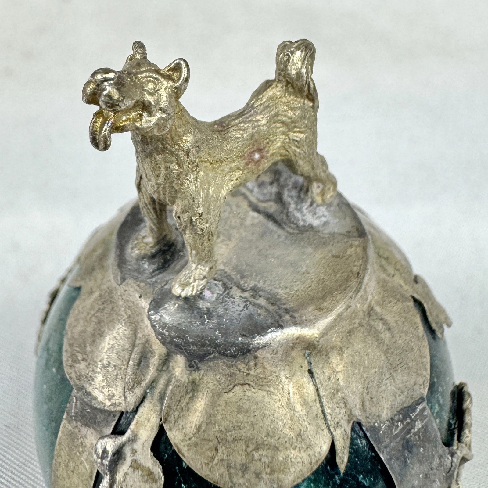 Vintage Chinese Zodiac DOG Green Marble Orb, Pewter/Tin Finial, Dragon Motif