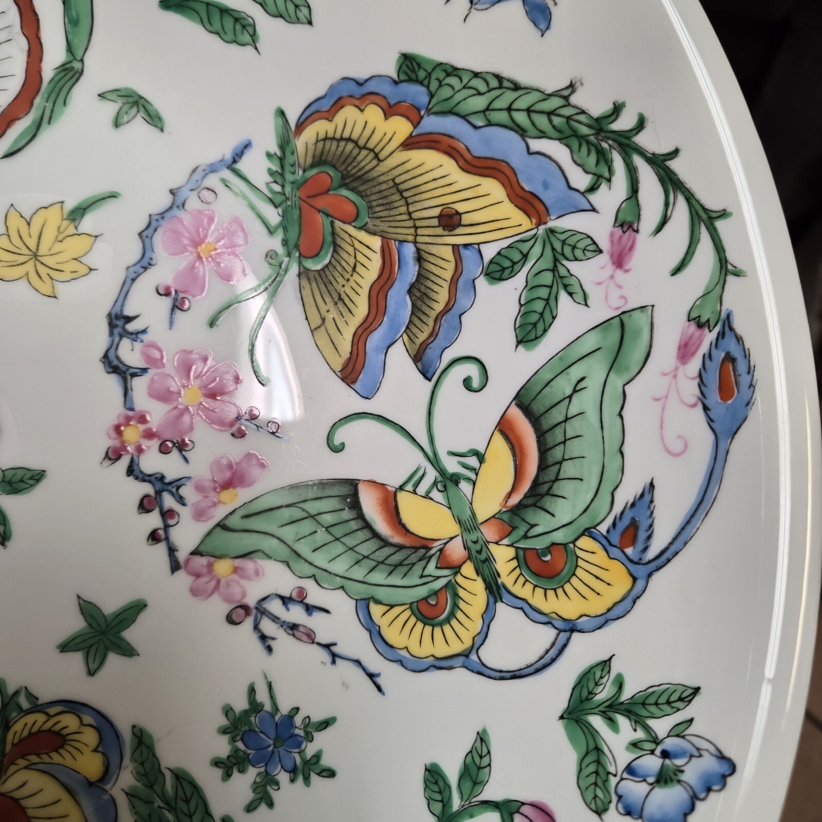 Lg. Chinese Porcelain 14″ Bowl w Brass Stand Hand-Painted Butterflies & Flowers