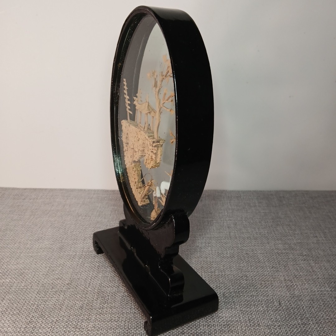 Vintage Chinese Cork Art Pagoda City Trees Cranes Glass Display Oval