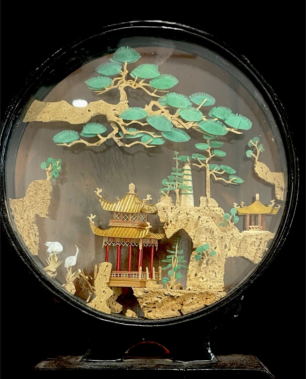 VTG PERFECT Chinese Cork Carving Lattice Pavilion Diorama Black Lacquer Frame