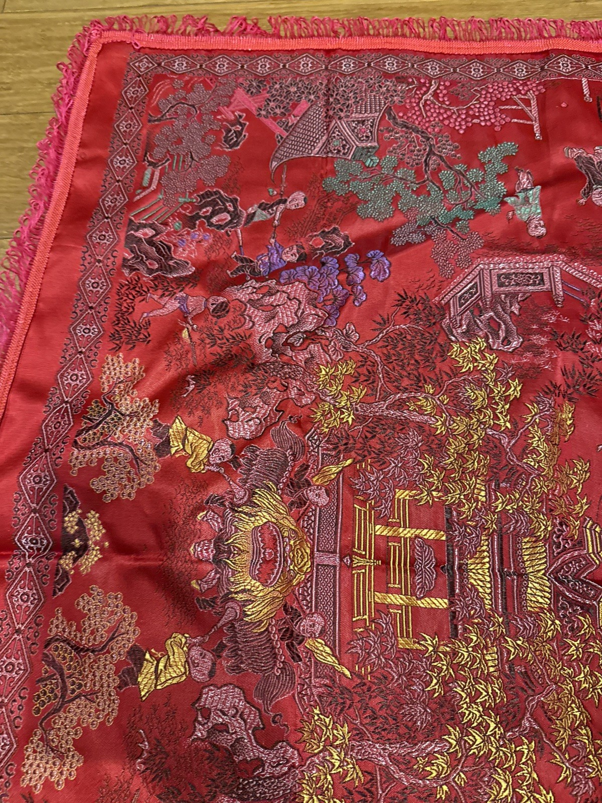 Vintage Brocaded Flowers Chinese Silk Tapestry Table Cloth 38” X 38”
