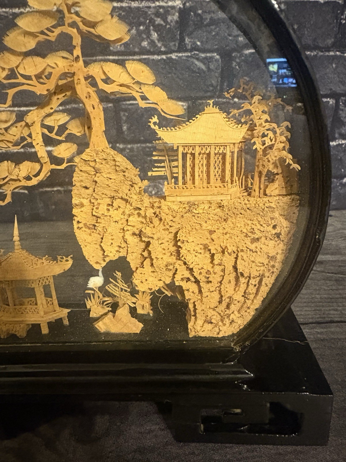 VINTAGE ROUND CHINESE CORK ART HAND CARVED DIORAMA PAGODA CRANES TREES CLIFF 9″