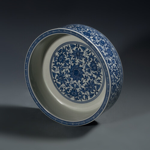 9.2″ Chinese Blue White Porcelain Lotus Flower Branch Brush Washer
